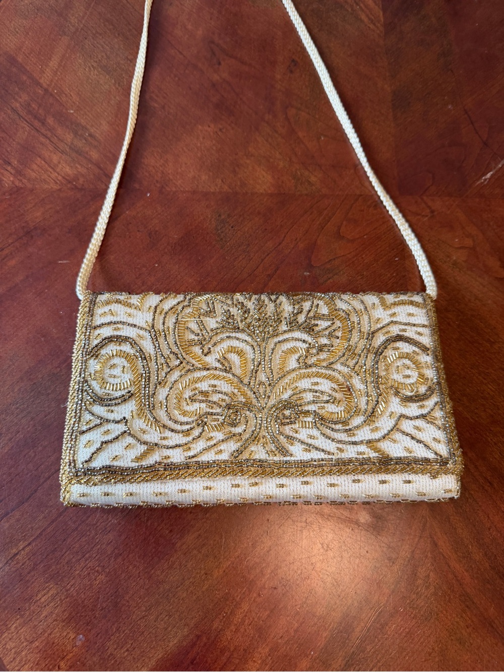 Vintage La Regale Gold Beaded Clutch Formal Cream Satin Purse with Strap